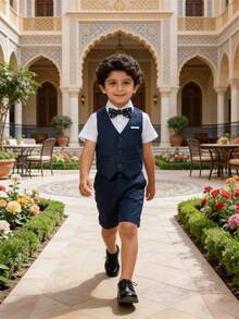 3 件男童休闲绅士西装套装：纯色背心 + 短裤 + 领结，夏季