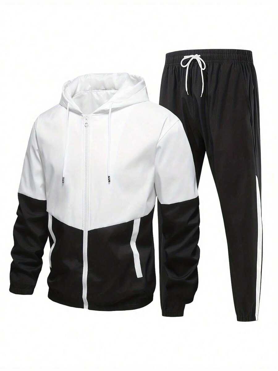 Men's Fashionable Casual Colorblock Tracksuit - Polyester Hooded Jacket And Pants, Machine Washable Sports - Black - View 1