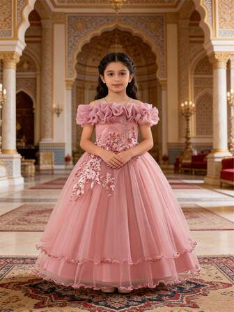 Young Girl Floral Embroidery One Shoulder Flower Girl Wedding Dress