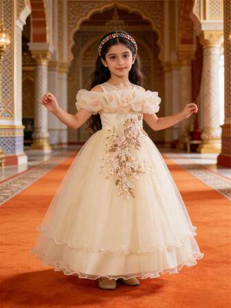 Blomsterbroderi för flickor En axel Lång klänning för bröllopsblomma