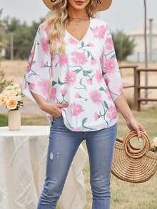 CheersLife Blusa holgada con volantes, cuello en V, doble capa de malla, con cinturón y mangas 3/4 para primavera y vacaciones - Beis - Ver 3