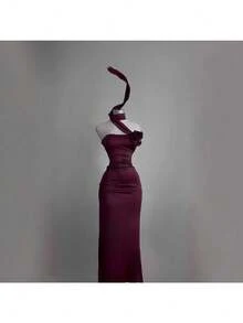 Women's Clothing Summer New Temperament Light And Familiar Backless Streamer Neck Dress - Burgundy - View 2