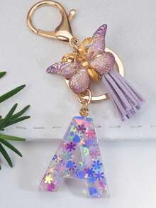 Chaveiro com inicial (1 unidade), pingente de floco de neve em resina, acessório decorativo para bolsas femininas, pingente de borboleta, presente. - Roxa - Ver 3