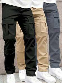 3条装休闲宽松直筒多口袋工装裤，适合青少年男孩，室内、运动、户外活动、四季皆宜 - 黑色 - 查看 1