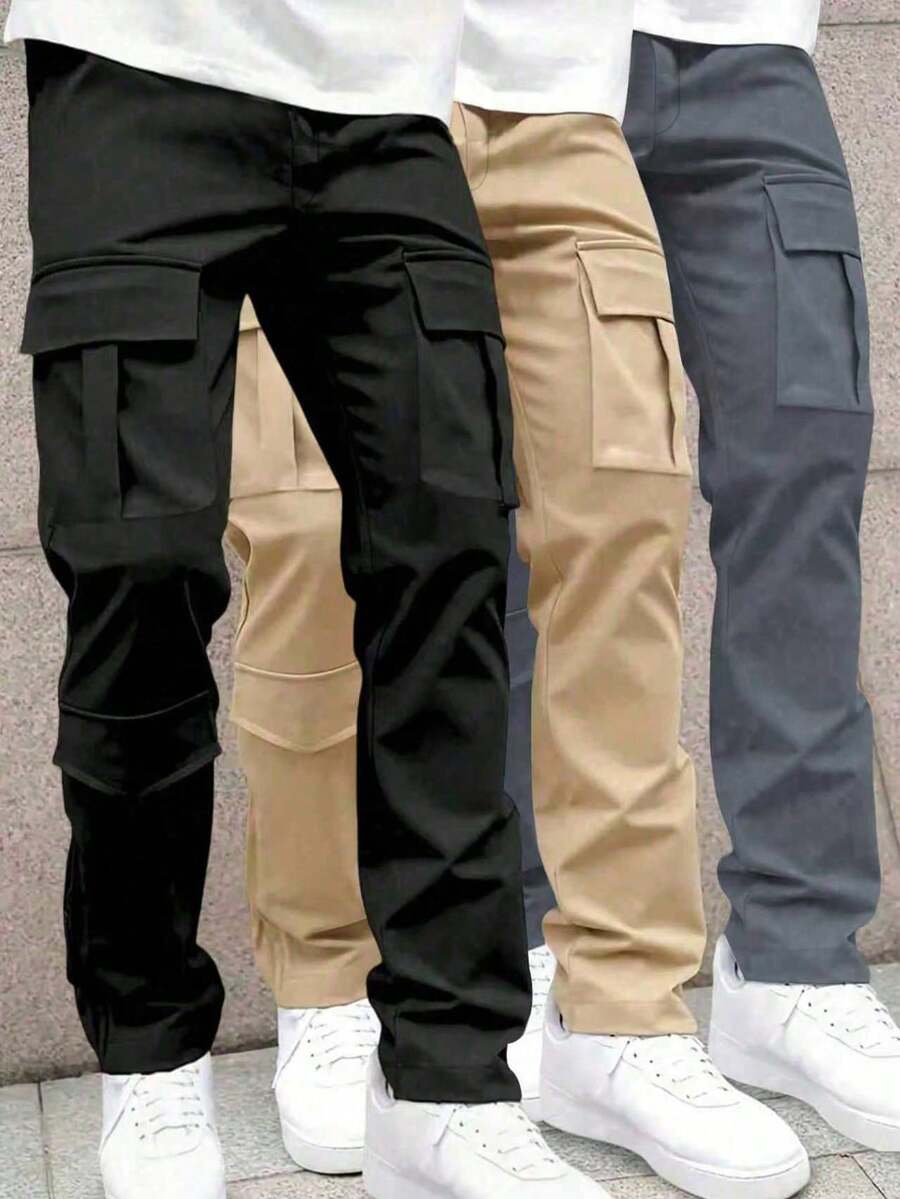 3条装休闲宽松直筒多口袋工装裤，适合青少年男孩，室内、运动、户外活动、四季皆宜 - 黑色 - 查看 1