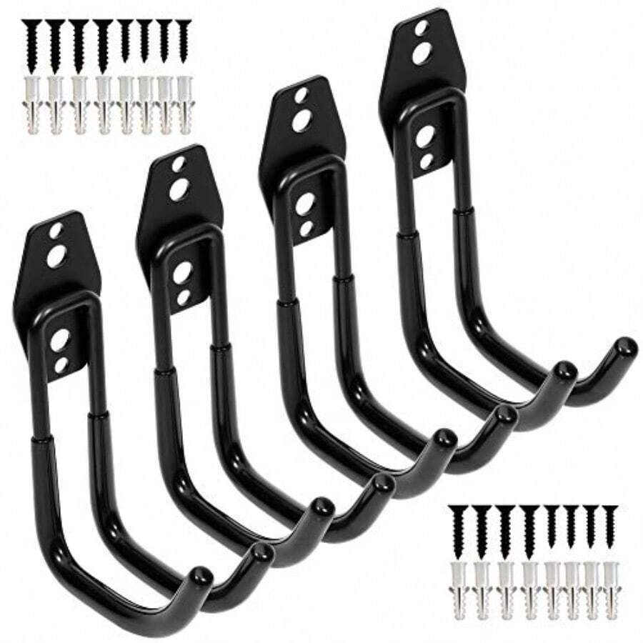 Swendo Garage Hooks Heavy Duty Garage Storage Utility Double Hooks Wall Mount Tool Holder Organizer with Anti-Slip Coating 4 Pack Black 4.2" Large Round J Hook - Paquetede4ganchosredondosgrandesenformadeJnegrosde42pulgadas - Ver 1