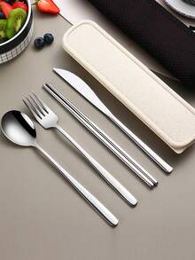 4pcs Stainless Steel Portable Cutlery Set, Travel Utensils With Case, Reusable Stainless Steel Camping Cutlery Set Including Fork, Spoon, Chopsticks And Case, Suitable For Western Dining, Kitchen, Lunch Box, Office, Picnic, Daily Meals, Multi-Combination - Multicolor - View 9