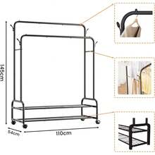 Perchero para Ropa - Closet Armables Doble Nivel de Acero Inoxidable, con Ruedasíbles, Rack para Colgar Ropa y Organizador de Zapatos, 110x145cm Armario Ropero (Negro) - 1 - Ver 6