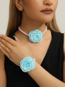 2pcs/Set Elegant Faux Rose Flower & Pearl Necklace Bracelet Jewelry Set, Suitable For Women's Daily Wear And Dates, Gift For Valentine's Day, Mother's Day, Birthday - Multicolor - View 4