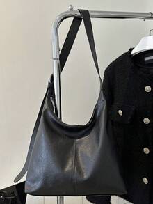 Tas jinjing komuter warna solid bahan PU model terbaru 2026, tas selempang desain minimalis dan unik, tas bahu bergaya dengan kapasitas besar. - Hitam - View 3