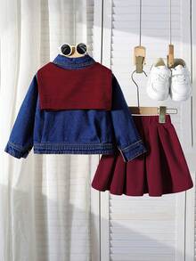 3pcs/Set, Girls Fashionable Casual Embroidered Denim Jacket + Solid Color Skirt + Matching Shawl - Burgundy - View 3
