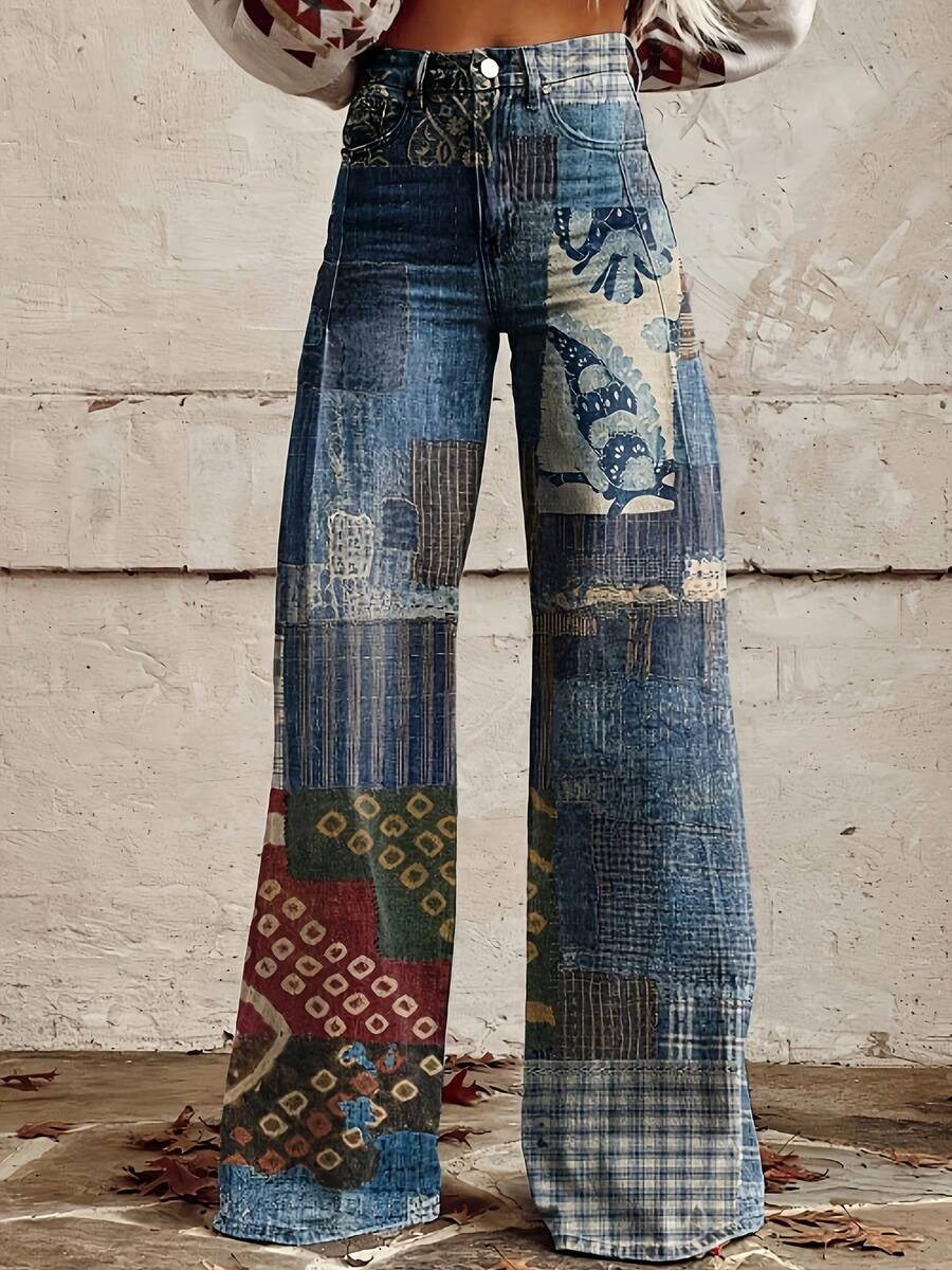 Women's Fashionable Loose And Comfortable Plus Size Jeans, Casual Multifunctional Denim Pants, Retro Bohemian Floralt Design Denim, Women's Blue Patch Jeans Printed Casual Wide Leg Pants 3D Printed Retro Women's Clothing And Denim Jeans - màu đen - Xem 1