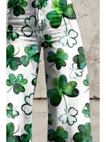 [Faux Denim Print/Imitation Faux Denim] Women'S White Wide-Leg Imitation Faux Denim With Green Clover Print - Non-Stretch Casual To Semi-Formal Trousers, All-Season Comfort, Charm Design For Everyday & St. Patrick'S Day Outfits - 黑色 - 查看 6