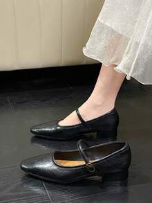 Silver Mary Jane Shoes, Minimalist Style, Suitable For Office Or Wedding, Square Toe, Buckle Accent, Spring/Summer New Arrival - Black - View 2