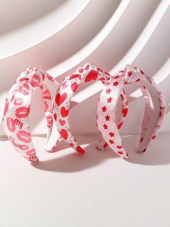 1pc New Cute Fabric Red & White Heart Star Lip Print Headband, Versatile For Girls, Outdoor, Photo Shooting, Valentine's Day Decor ,Hair Band ,Diadema ,Hair Hoop