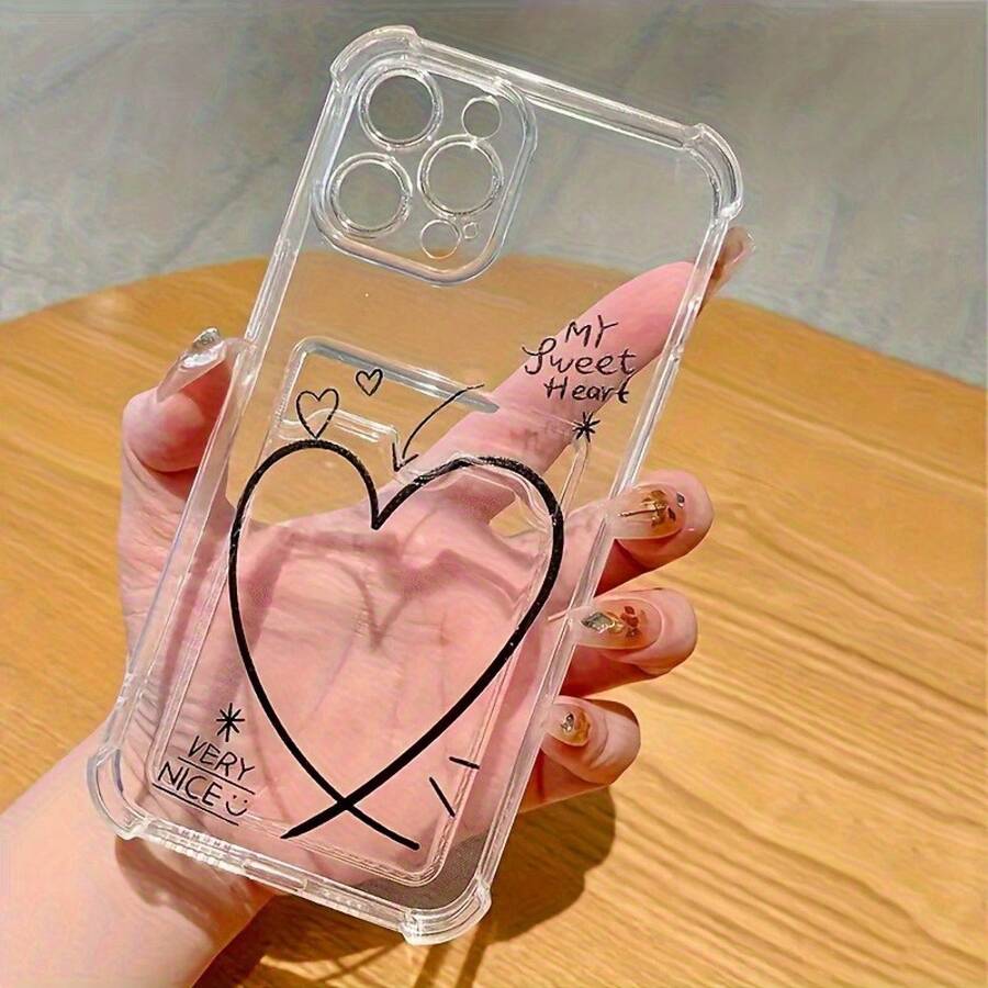 Funda de teléfono a la moda Una funda de teléfono transparente con un patrón de corazón de línea negra inglesa, compatible con iPhone 11, 12, 13, 14, 15, 16 y Pro Max XS, XR, X, 7, 8 Plus, serie SE. Ideal como regalo de cumpleaños para novias, novios o amigos. Diseño para Chicas y Mujeres, TPU Suave, Resistente a Impactos, Más Protector, Femenino - 1 pieza - Ver 1