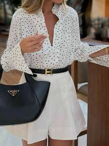 Women's Polka Dot Long Sleeve Blouse, Ruffle Detail, Button Down Collar Puff Sleeve Top, Regular Length, Semi-Sheer Woven Fabric - White - View 10