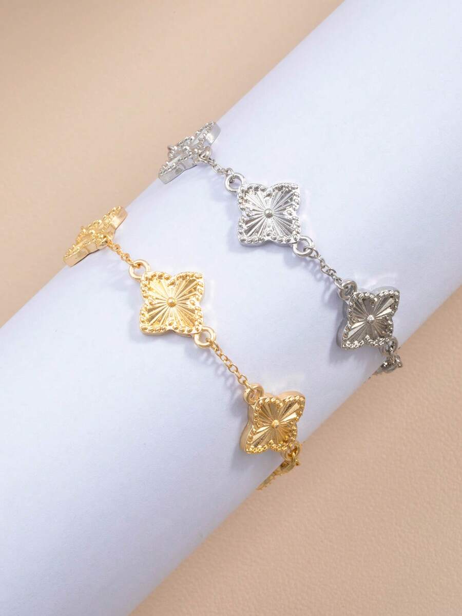 2pcs/Set Fashionable Classic Gold & Silver Four-Leaf Clover Design Bracelet Set - One Size-gold and Silver Bracelet - View 1