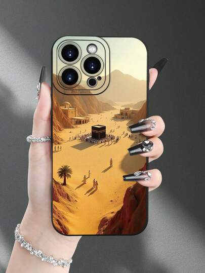 1pc Desert Landscape Architecture Pattern Retro Printed Creative Fashionable Personalized Protective Phone Case, Suitable As Gift For Girlfriend, Wife, Couple, Aunt, Boss, Sister, Couples, Students, Teachers, Birthday, Holiday - Black Matte Soft Full Coverage Anti-Dust Waterproof Case Compatible With Iphone 17/13/16/15/14/13/12/11/Pro/ProMax/X/XR/XS/XSMAX/7/8/PLUS And Models