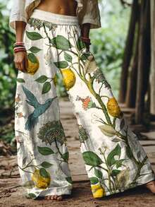 Women's Boho Extra Long Wide Leg Pants, Lightweight Flowy 100% Rayon Woven Fabric, Lemon & Hummingbird Print Elastic Waist Summer Casual Trousers - 薄荷藍 - 查看 3
