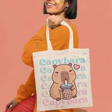 Bolsa De Loneta Natural para Mujer Estampado Capibara Bolitas 1pz 39 x 39 Cm| Capibaras| Bolsa de compras VMQ5 - Beis - Ver 7