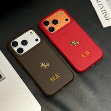 荔枝纹金属马手机壳，可定制字母姓名，寓意中国新年马年吉祥，高品质简约纯色防震情侣手机壳，适用于苹果17/16/15/14 Pro Max/13/12/11 Plus，情人节礼物，生日礼物，节日礼物，送给他的/她的礼物，个性化礼物，周年纪念礼物，结婚礼物，送给父母的个性化礼物（烫金工艺） - 粉色 - 查看 6