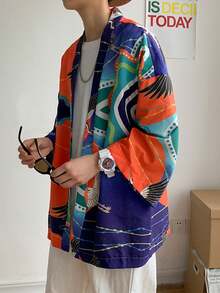 Retro Japanese Style Crane Print Kimono Cardigan, Loose Fit Versatile Lightweight Outerwear For Daily Wear, Spring/Summer - Burnt Orange - View 6