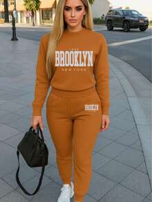 Conjunto de pants  Sudadera y pantalón  Felpa suave  Cuello redondo Estilo cómodo  Conjunto deportivo - Caqui - Ver 1