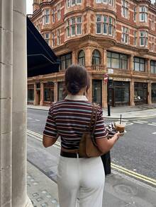 HoloChill 女士撞色 Polo 领条纹休闲短袖套头针织衫，百搭夏季上衣，女士春季服装，女士假日派对上衣，女士沙滩装，女士优雅夏季度假服 - 棕色 - 查看 5