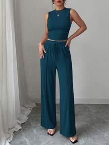 Women Summer 2 Piece Outfit Sleeveless Crop Top Elastic High Waist Wide Leg Pants Ribbed Knit Suit Matching Set For Casual Going Out Holiday Vacation Beach Outfits - 湖藍色 - 查看 4