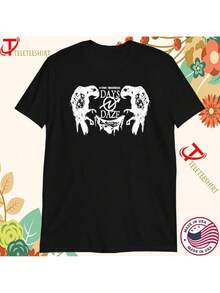 Camiseta gráfica bohemia para hombres - Negra; Impresión de calavera animal blanca con texto ;DAYS OF DAZE;. Camiseta de algodón de corte holgado para vacaciones al aire libre. Senderismo; Ropa Casual. Comodidad para todas las estaciones. Conjunto de Vacaciones. Diseño Artístico. Material cómodo. Camiseta de cuello redondo. Fanáticos de urbana - Negro - Ver 1