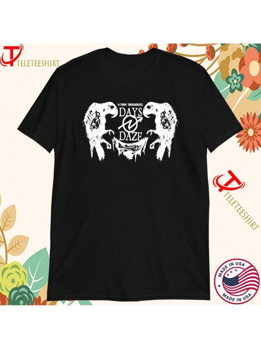 Camiseta gráfica bohemia para hombres - Negra; Impresión de calavera animal blanca con texto ;DAYS OF DAZE;. Camiseta de algodón de corte holgado para vacaciones al aire libre. Senderismo; Ropa Casual. Comodidad para todas las estaciones. Conjunto de Vacaciones. Diseño Artístico. Material cómodo. Camiseta de cuello redondo. Fanáticos de urbana - Negro - Ver 1