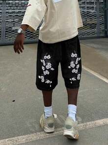 Shorts jeans masculinos retos e folgados com bordado floral, estilo casual streetwear hip hop. - Preto - Ver 2