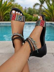 1 Pair Girls' Retro Roman Sandals, Bohemian Style, Quality PU Customized Handmade Beaded Zipper Design Flat Protective Foot Suitable For 3-15 Years Old Girls, Elementary Students, Summer Outing, Party, Versatile - Black - View 3