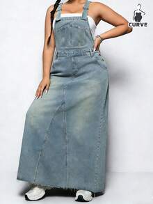 Women's Plus Size Denim Overall Dress Adjustable Shoulder Straps Frayed Hem Design Loose Fit Oversized Long Dress Casual Elegant Outfit Daily - 海藍色 - 查看 4