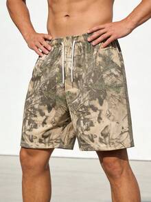 Pantalones cortos con cordón en la cintura y estampado tropical para hombres - Caqui - Ver 8