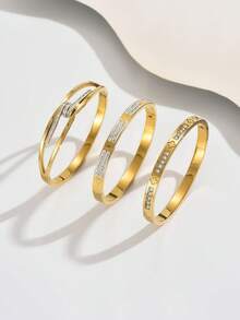 3pcs/1pc Fashion 18K Gold Plated Stainless Steel Four-Leaf Clover Nail Bracelet, Suitable For Women's Party, Daily Wear, European And American Style, Personalized, Generous, Luxury Cubic Zirconia Wristband, Wedding Jewelry Set - Yellow Gold - View 3