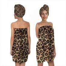 1/2 Piezas Conjunto de Bata de Baño con Botones y Toalla para el Cabello con Estampado de Leopardo, Bata de Sauna con Patrón Vintage Colorido y Pañuelo a Juego, Súper Suave, Altamente Absorbente, 100% Poliéster, Adecuado para Uso en Spa y Baño, Uso Post-Ducha, Atuendo de Spa Ajustable - Multicolor - Ver 4