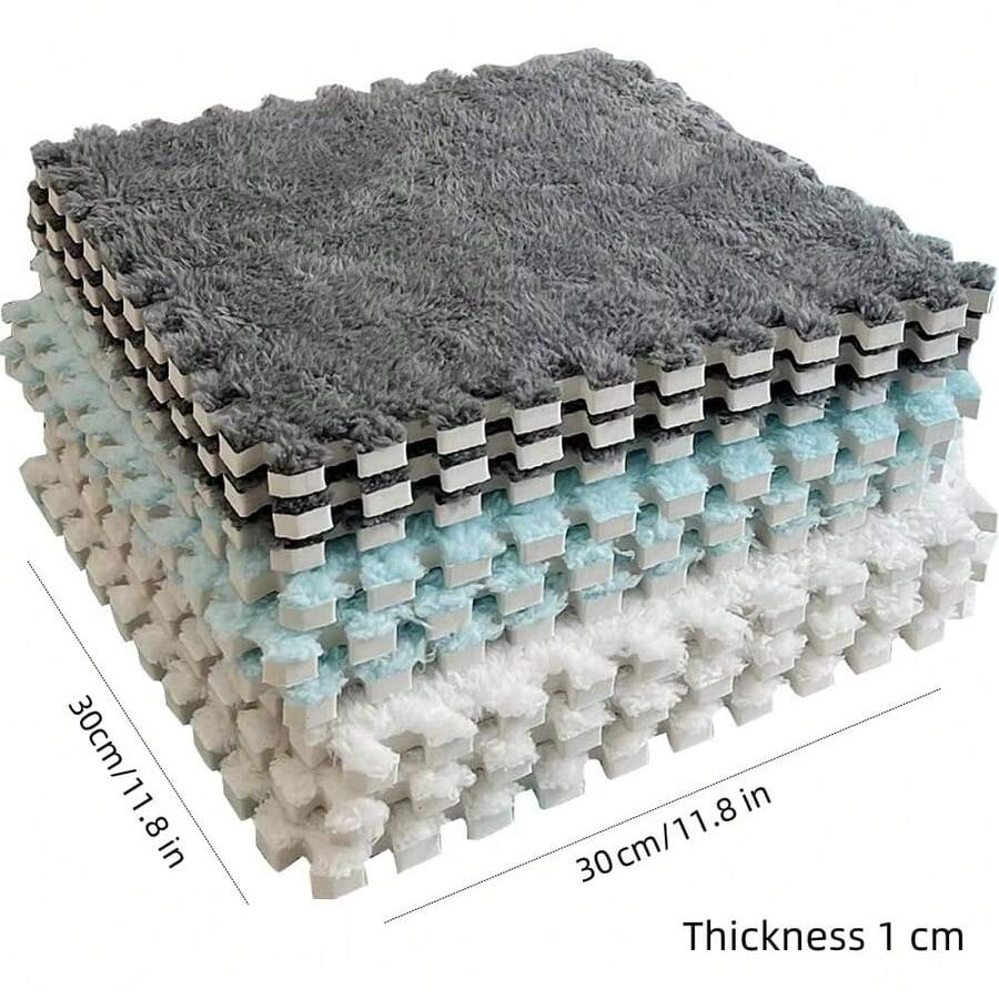 12 alfombrillas cuadradas para moqueta, azulejos entrelazados de felpa, azulejos de espuma EVA antideslizante, construye una zona segura para recámara y sala de juegos (blanco y negro) - Azul+blanco - Ver 1