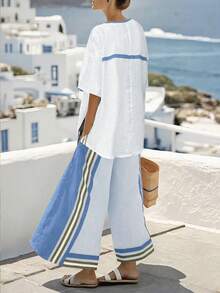 2 piezas Conjunto de mujer estilo bohemio de verano con top de hombros abiertos con estampado de rayas y manga con abertura, y pantalones de pierna ancha - Azul - Ver 3