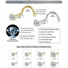 8 件/套 1.5/2/2.5/3mm 锆石鼻钉 金银色不锈钢螺丝鼻钉 女士女孩身体穿刺饰品礼品 20G - nose studs - 查看 4