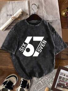 Women's Summer Washed Cotton T-Shirt With Number 67 Pattern And Letter Print, Casual, Simple, Loose Fit, Round Neck, Short Sleeve - Black - View 1