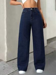 Pantalones rectos de cintura alta lavados para adolescentes - Azul lavado medio - Ver 5