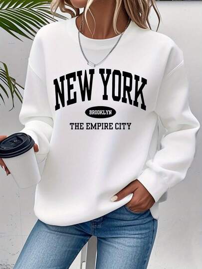 Sudadera con estampado gráfico de Brooklyn, Nueva York, sudadera casual de cuello redondo para otoño e invierno, ropa de mujer