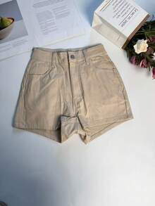 Solid Color Fashionable Slim-Fit Versatile Simple Design Baddie Glossy Mid-Waist Shorts - Light Khaki - View 6