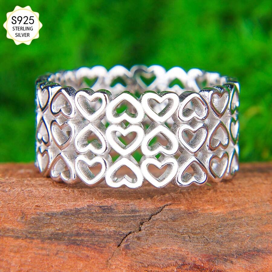 1pc S925 sterling silver luxury hollow men's wide ring, classic love hollow design, suitable for banquets, parties, official occasions, anniversary gifts, suitable for teenagers. - Plateado - Ver 1