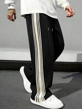 1pc Men's Striped Pants, Casual, Commuting, Sports, Training, Running, Outdoor, Loose, Fashion, Workout, Jogging, Versatile, Straight Leg, Streetwear, Autumn/Winter