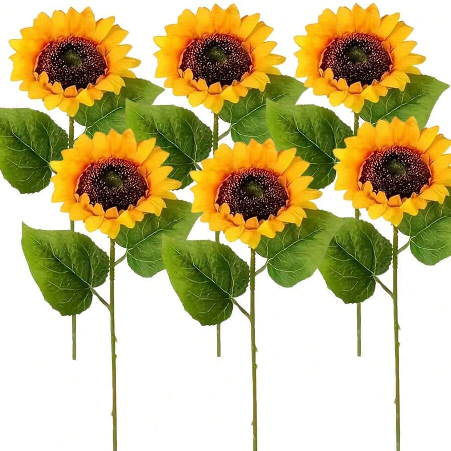 6支/3支装 鲜艳春季人造向日葵带茎 - 亮丽的黄绿色仿真花装饰，适合家庭聚会、婚礼、生日和各种节日庆典 - 母亲节、父亲节、毕业典礼、周年纪念日、乡村风格、婚礼花卉套装