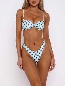 Women Polka Dot Bikini Sets Halter String Triangle High Cut Cheeky 2 Piece Bathing Suit - 藍色 - 查看 2