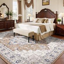 10x14 Area Rug Living Room, Vintage Washable Area Rug Non Slip Backing Low Pile, Floral Soft Foldable Carpet For Bedroom Dining Room, Brown/Beige - Nâu/Beige + 10' x 14' (Hình chữ nhật) - Xem 2